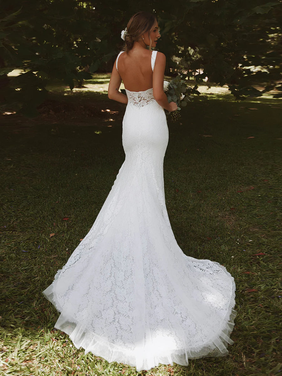 Deep V-Neck Backless Full Lace Tulle Sleeveless Mermaid Wedding Dress with Train