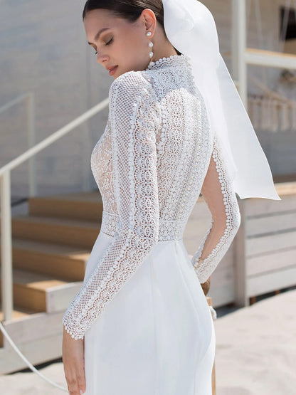 High Neck Long Sleeves Lace Illusion High Slit Mermaid Wedding Dress with Train