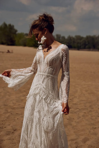 Bohemia Wedding Dresses Flare Sleeves Lace V-Neck Backless Bridal Gowns