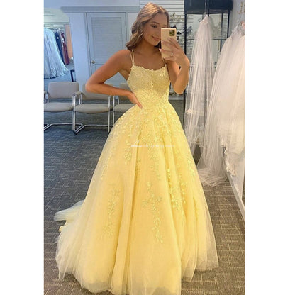 Yellow Spaghetti Straps Long Prom Dress with Appliques