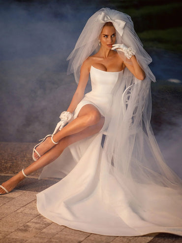 A-Line Strapless High Slit Sleek Satin Simple Wedding Dress with Train