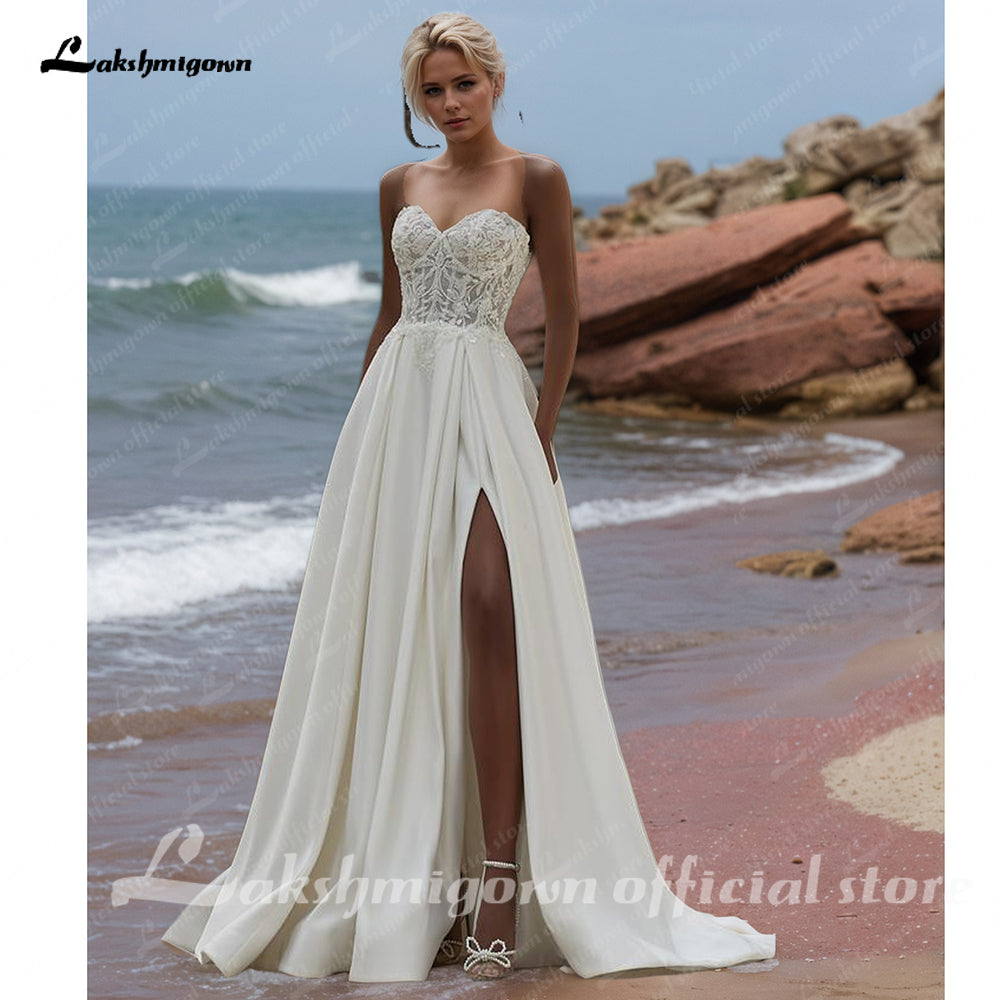 Sexy Side Split Satin Wedding Gowns 2025 Women Beach Bridal Dresses