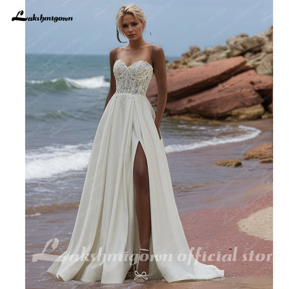 Sexy Side Split Satin Wedding Gowns 2025 Women Beach Bridal Dresses