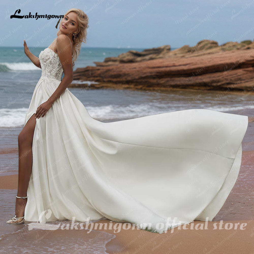 Sexy Side Split Satin Wedding Gowns 2025 Women Beach Bridal Dresses