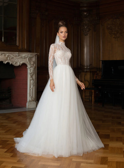 A-Line High Neck Long Sleeves Tulle Beaded Sequins Wedding Dress with Train