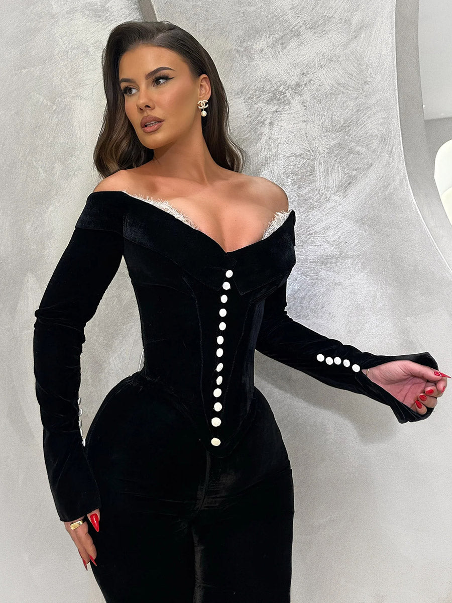 Sheath Off Shoulder Long Sleeves Lace Velvet Party Evening Prom Dress