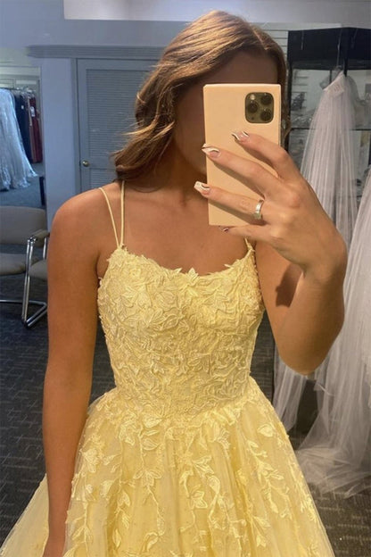 Yellow Spaghetti Straps Long Prom Dress with Appliques