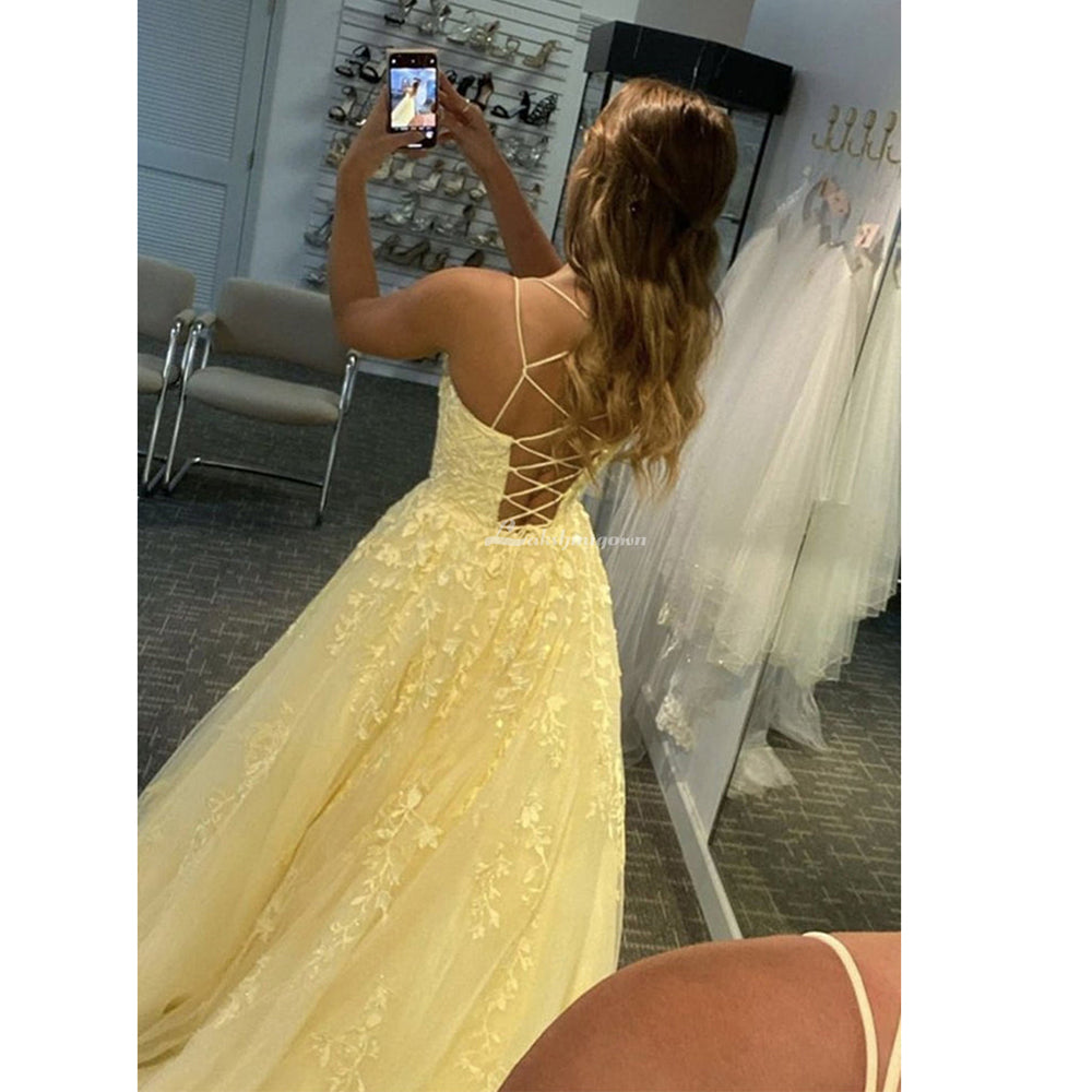 Yellow Spaghetti Straps Long Prom Dress with Appliques
