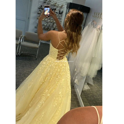 Yellow Spaghetti Straps Long Prom Dress with Appliques