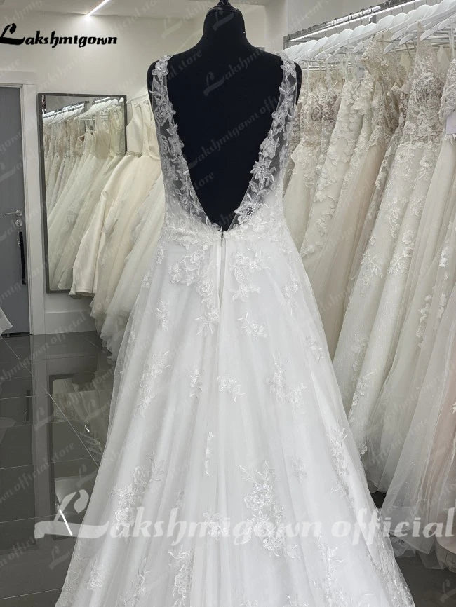 Lakshmigown Vintage V Neck Lace Appliques Backless Wedding Dress for Women Sweep Train Sleeveless 2023 Robe Civil Wedding Gown