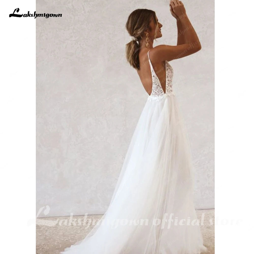 Sexy Deep V-Neck Sleeveless Wedding Dress Summer Spaghetti Straps Lace Appliques Bridal Gown robe de soirée de mariage платье