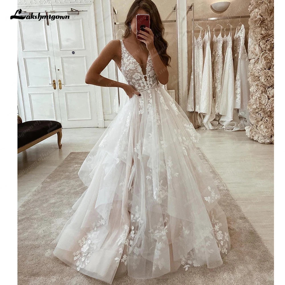 Vestidos Civil  Deep V Neck Lace Wedding Dresses Beach  A-Line Bridal Gowns Boho Appliques Bride Dress robe mariée sirene