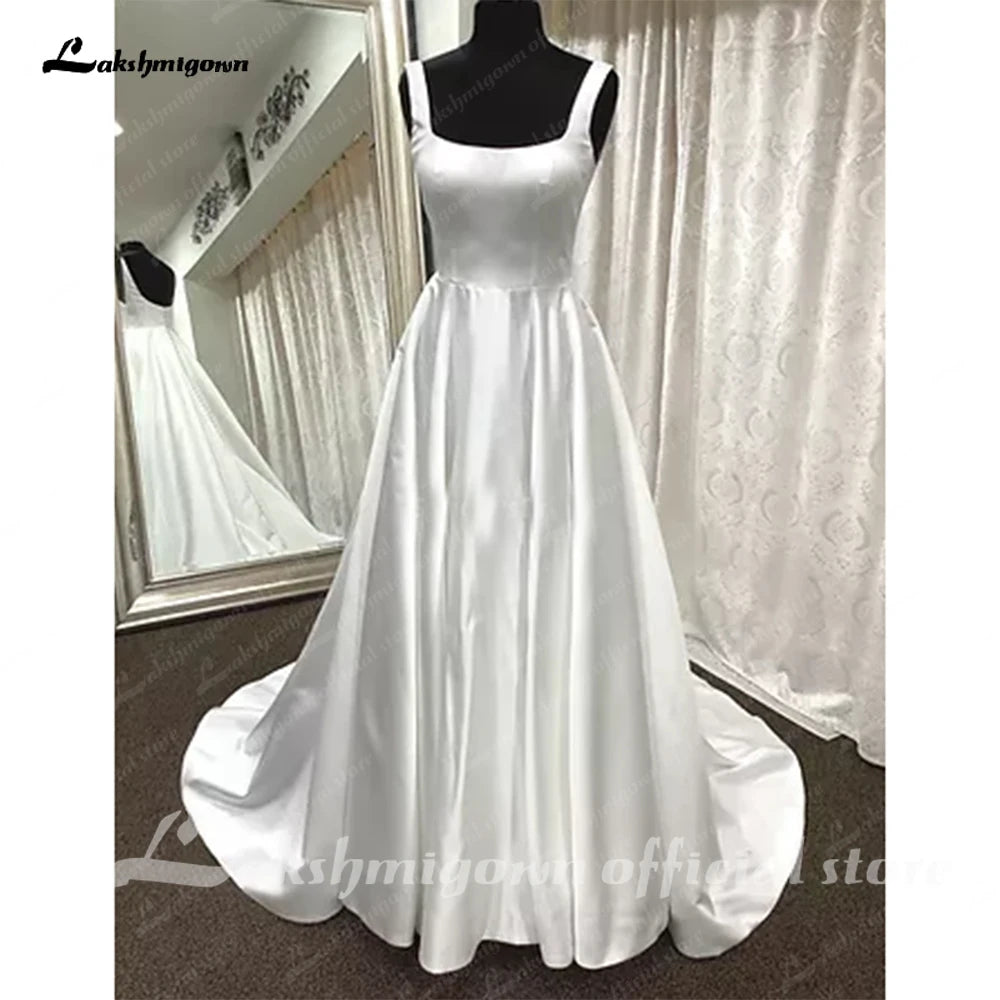 Lakshmigown Simple Scoop Neck Satin A Line Wedding Dress With Pockets 2023 Vestidos Backless Bridal Receipt Party Gowns
