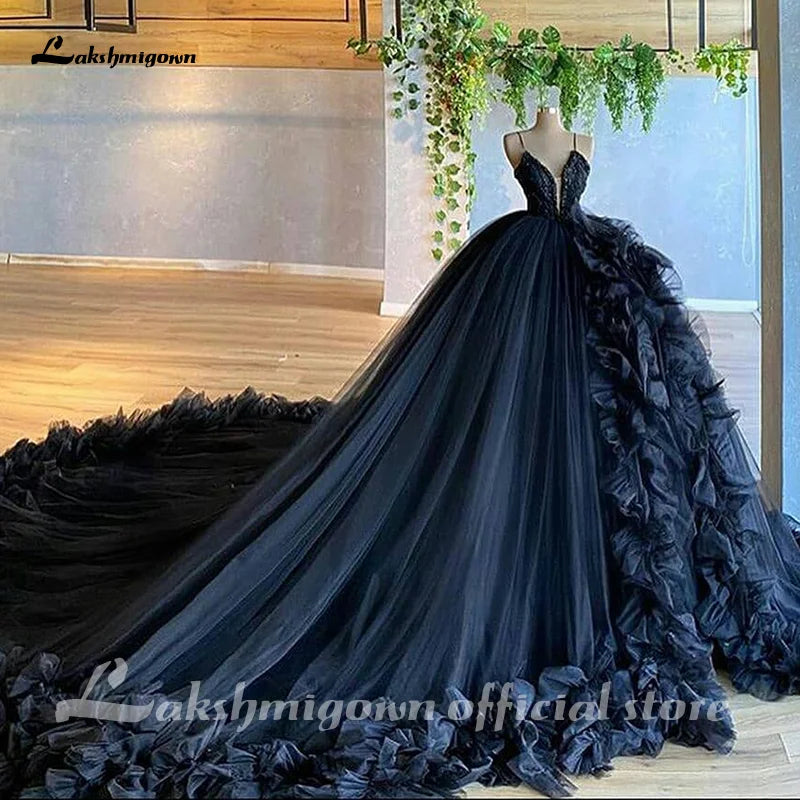 Lakshmigown Gothic A Line Black Wedding Dress 2022 V Neck Halloween Christmas Dress Spaghetti Straps Tulle with 3D Flower