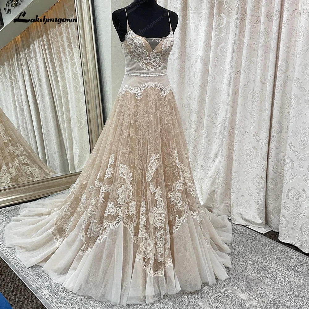 Sexy Champagne Lace Spaghetti Straps Wedding Dress 2023 Vestidos Elegant Women Robe Mariage Bridal Wedding Gown Appliques