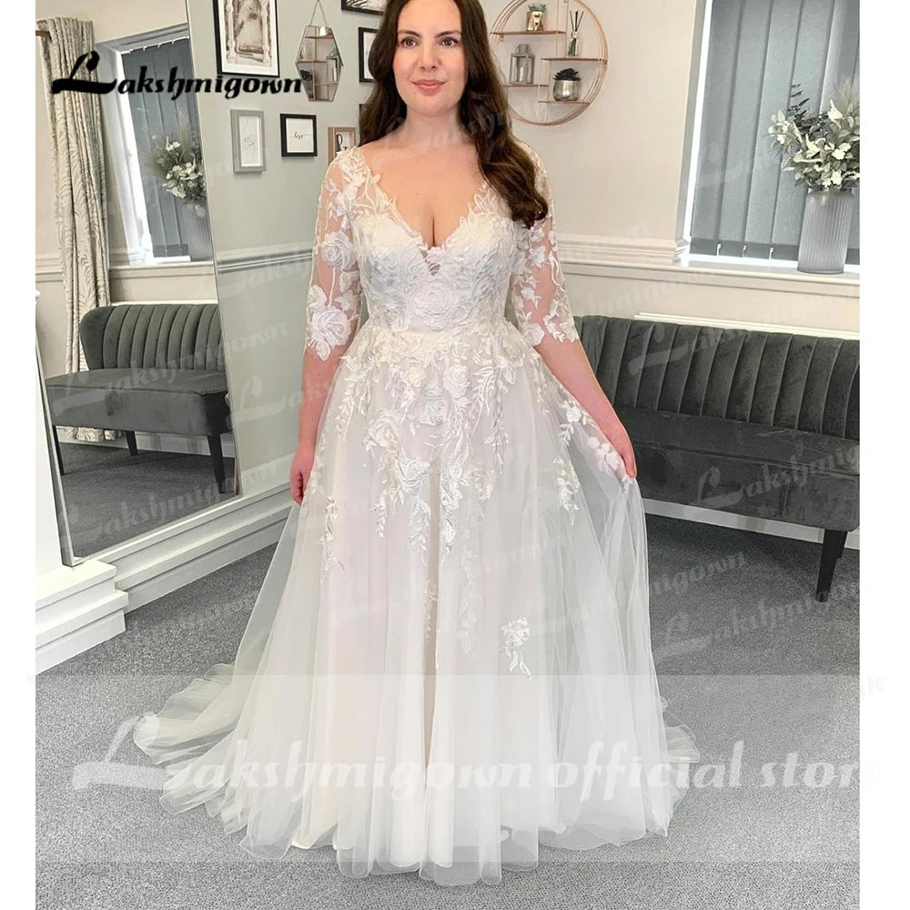 Vintage Long Sleeve Wedding Dress 2023 with belt Vestidos V Neck Lace Appliques Boho Bridal Beach Wedding Gowns Lace Up BACK