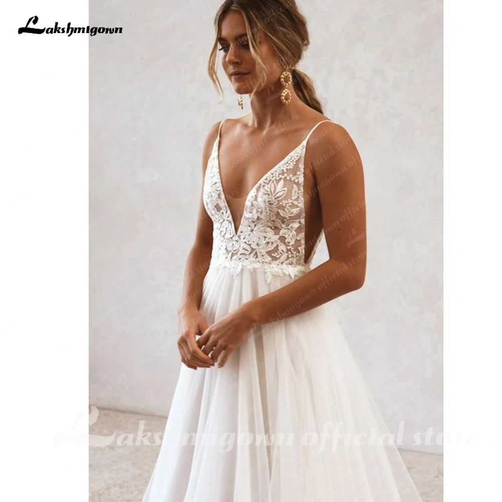 Sexy Deep V-Neck Sleeveless Wedding Dress Summer Spaghetti Straps Lace Appliques Bridal Gown robe de soirée de mariage платье