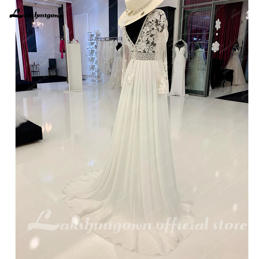 Civil Boheme Beach Long Sleeve Chiffon Boho Wedding Dress Lace Bodice 2023 Wedding Bridal Gowns for Women Custom Made