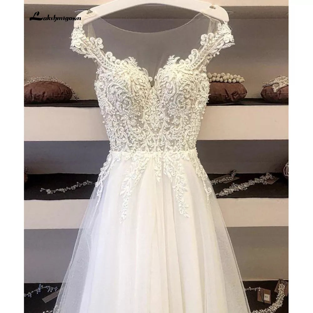 Modest Vintage Wedding Dresses Lace Beads Flowers Boho Wedding Gowns Cap Sleeve A Line Glitter Bride Dress Corset Back Mariee