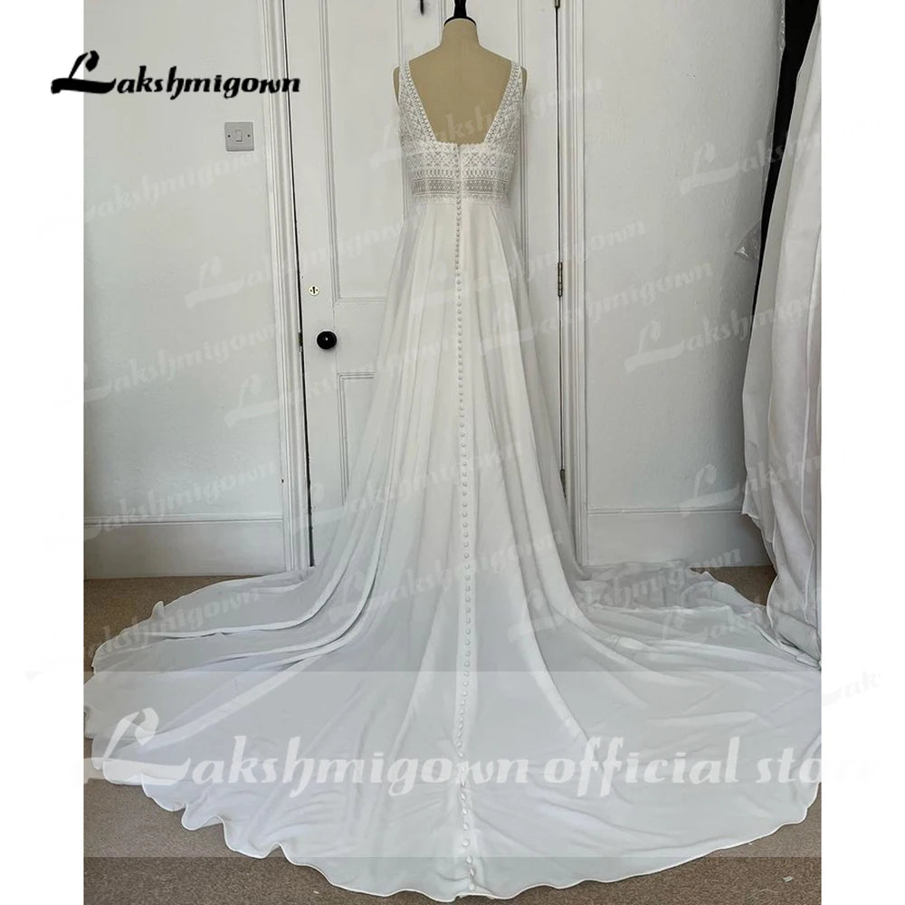 Modest Chiffon Wedding Dress Custom V Neck Sleeveless A Line Chiffon Pleats Beach Boho Bridal Gowns Plus Size Custom Made