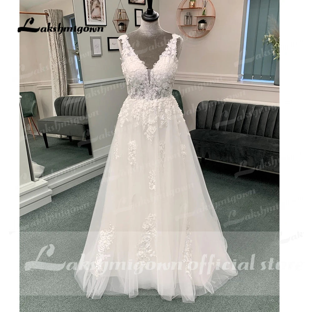 Lakshmigown A Line Wedding Dress 2023 Vestido Civil Boho Bridal Wedding Gowns V Neck Lace Appliques Vestido Casamento