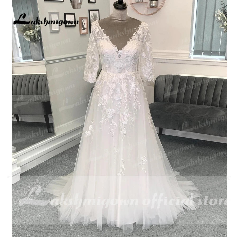 Vintage Long Sleeve Wedding Dress 2023 with belt Vestidos V Neck Lace Appliques Boho Bridal Beach Wedding Gowns Lace Up BACK