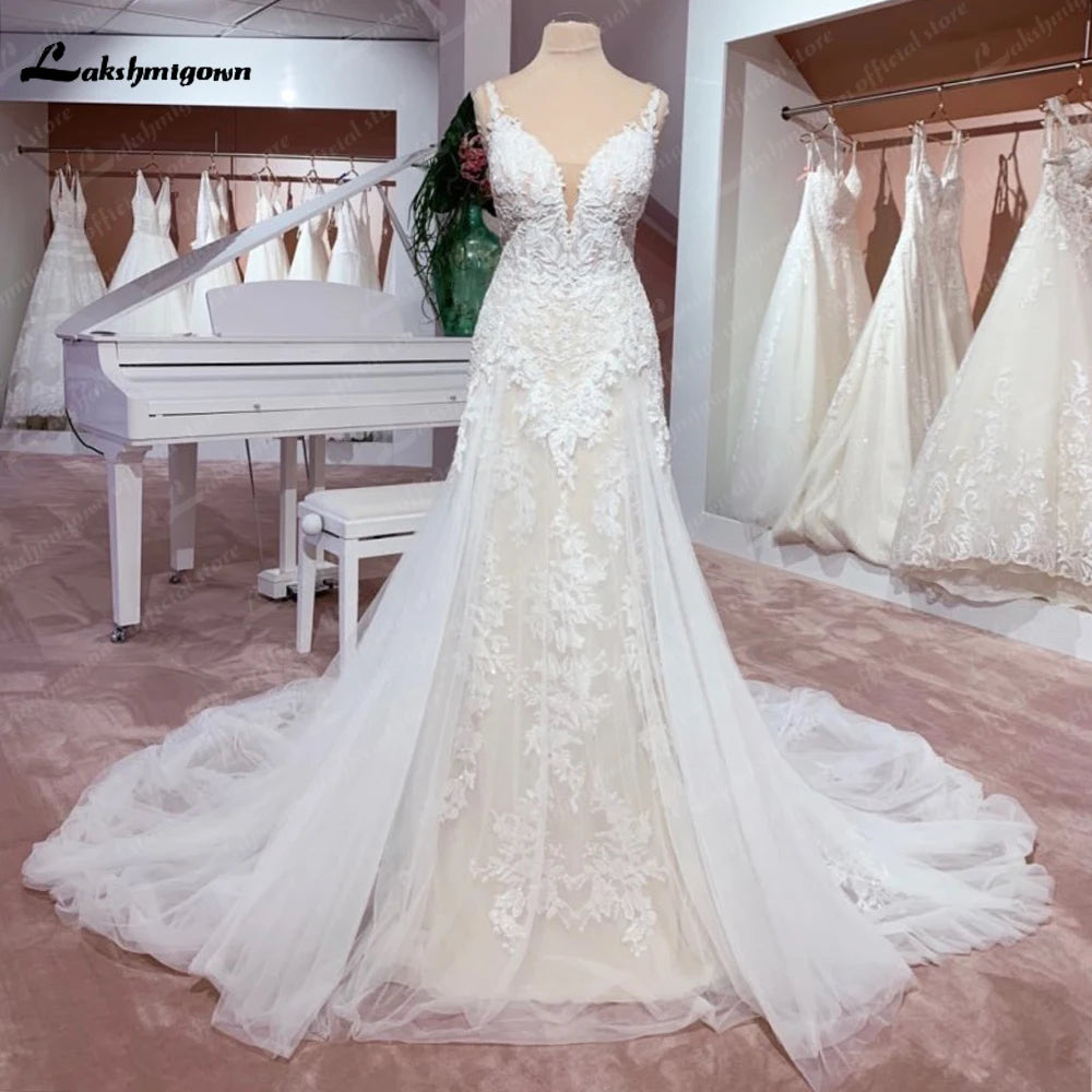 Lakshmigown Lace Backless Boho Wedding Dress V Neck Lace Appliques Sleeveless 2023 Vestidos De Boda Vintage Wedding Gowns
