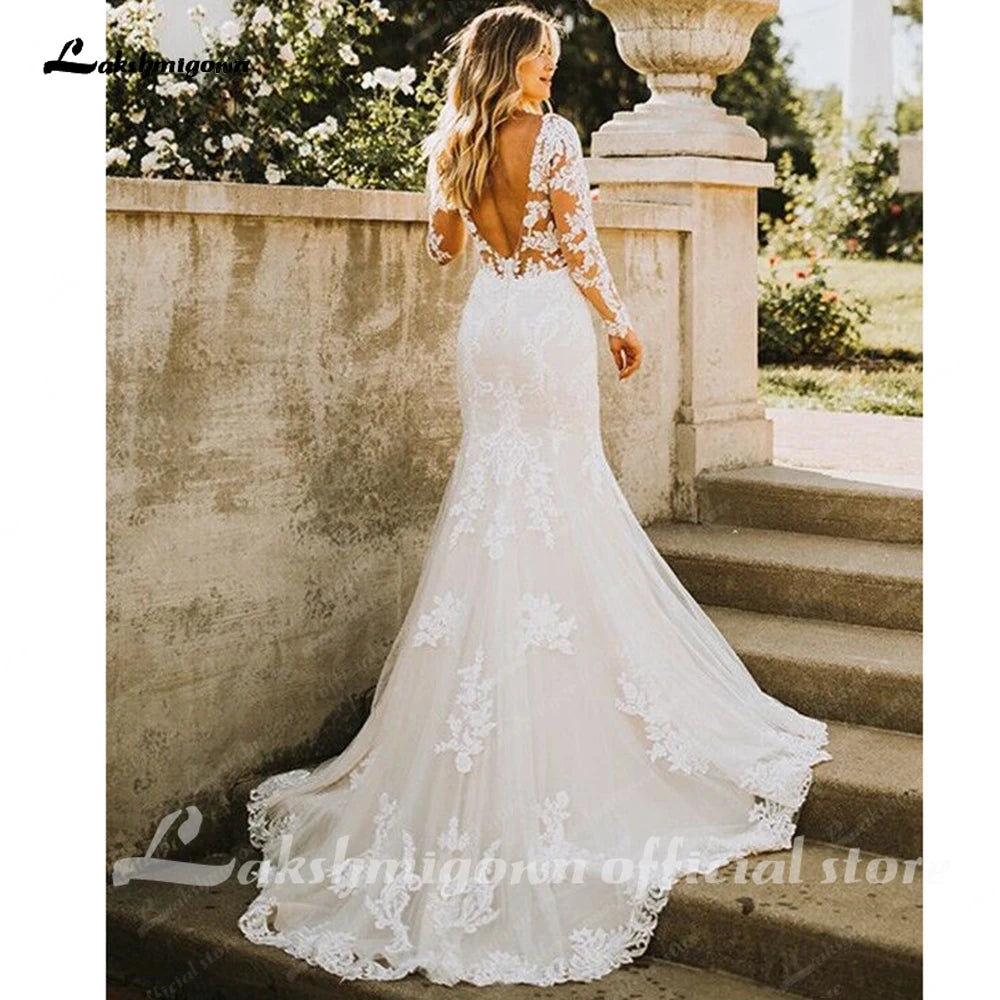 Lakshmigown Mermaid Lace Wedding Dress Long Sleeve Wedding Gown Backless Bridal Dresses robe soirée mariage
