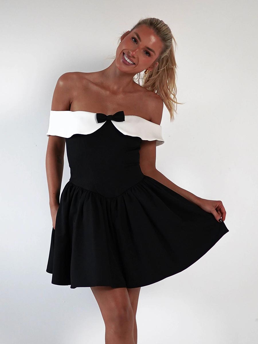 A-Line Off Shoulder Bowknot Sleek Satin Party Evening Homecoming Dress