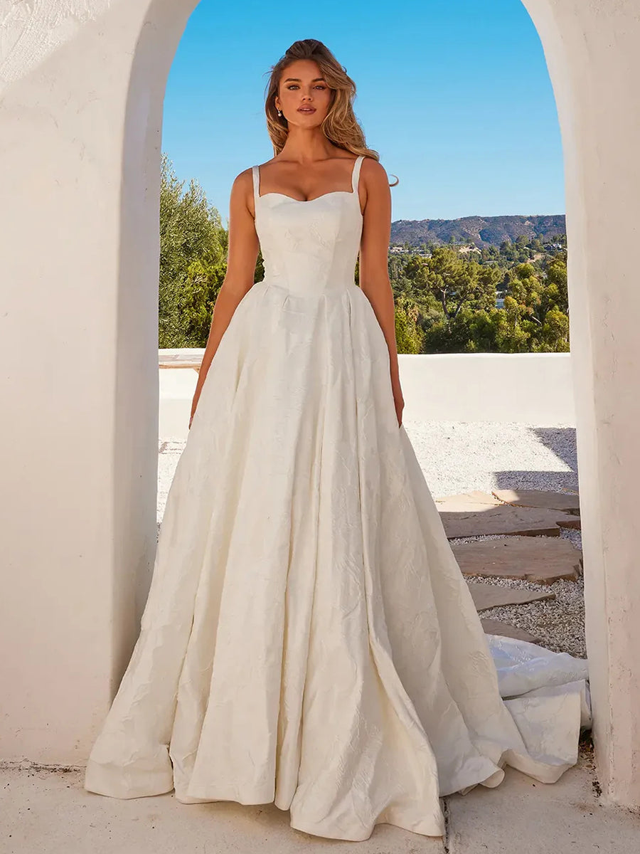 A Line Straps Sweetheart Elegant Wedding Dress with Train