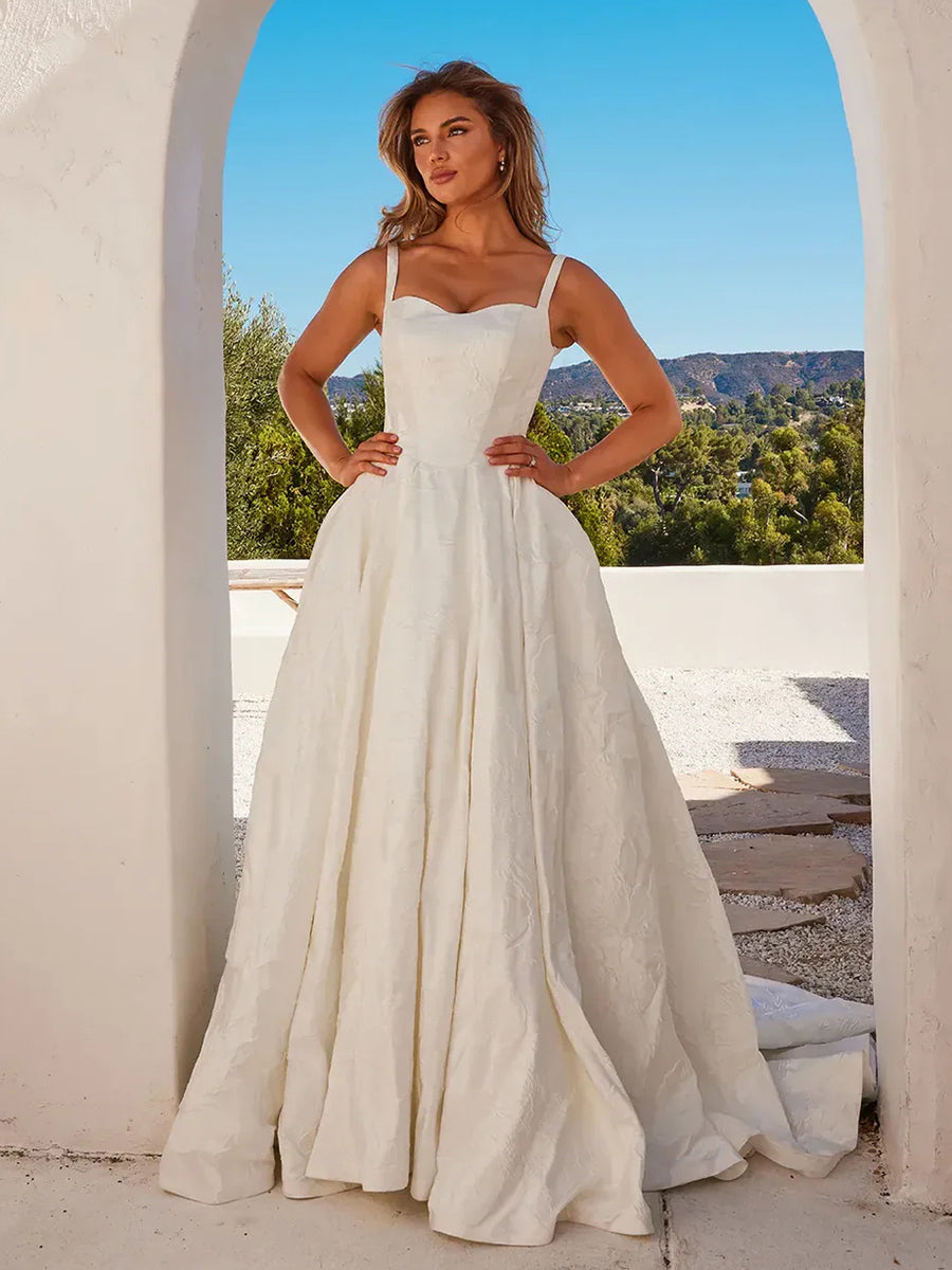 A Line Straps Sweetheart Elegant Wedding Dress with Train