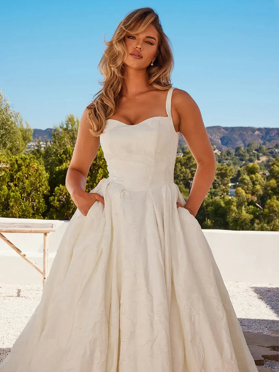 A Line Straps Sweetheart Elegant Wedding Dress with Train