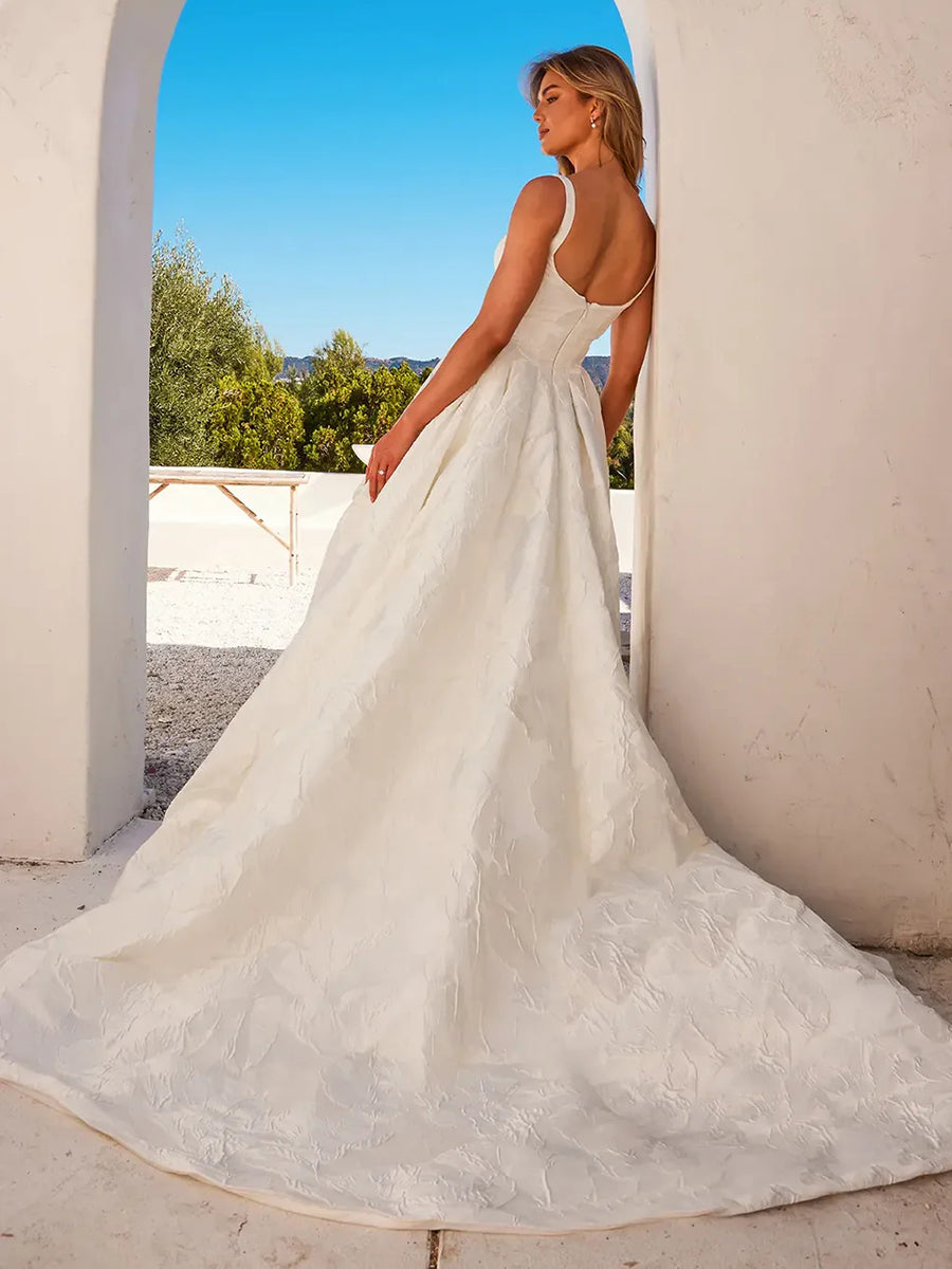 A Line Straps Sweetheart Elegant Wedding Dress with Train