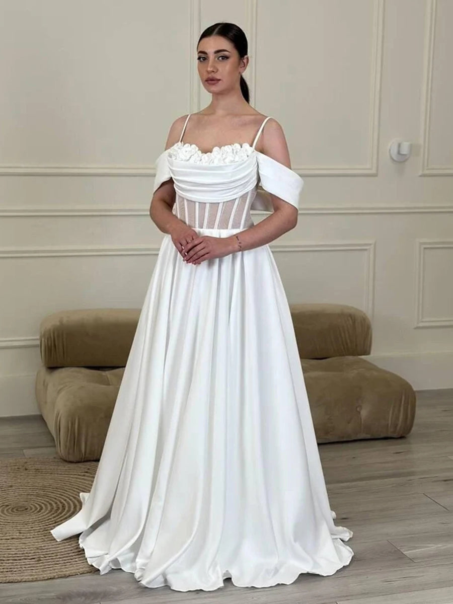 A-Line Spaghetti Straps Off-Shoulder Illusion Appliques Wedding Dress with Train