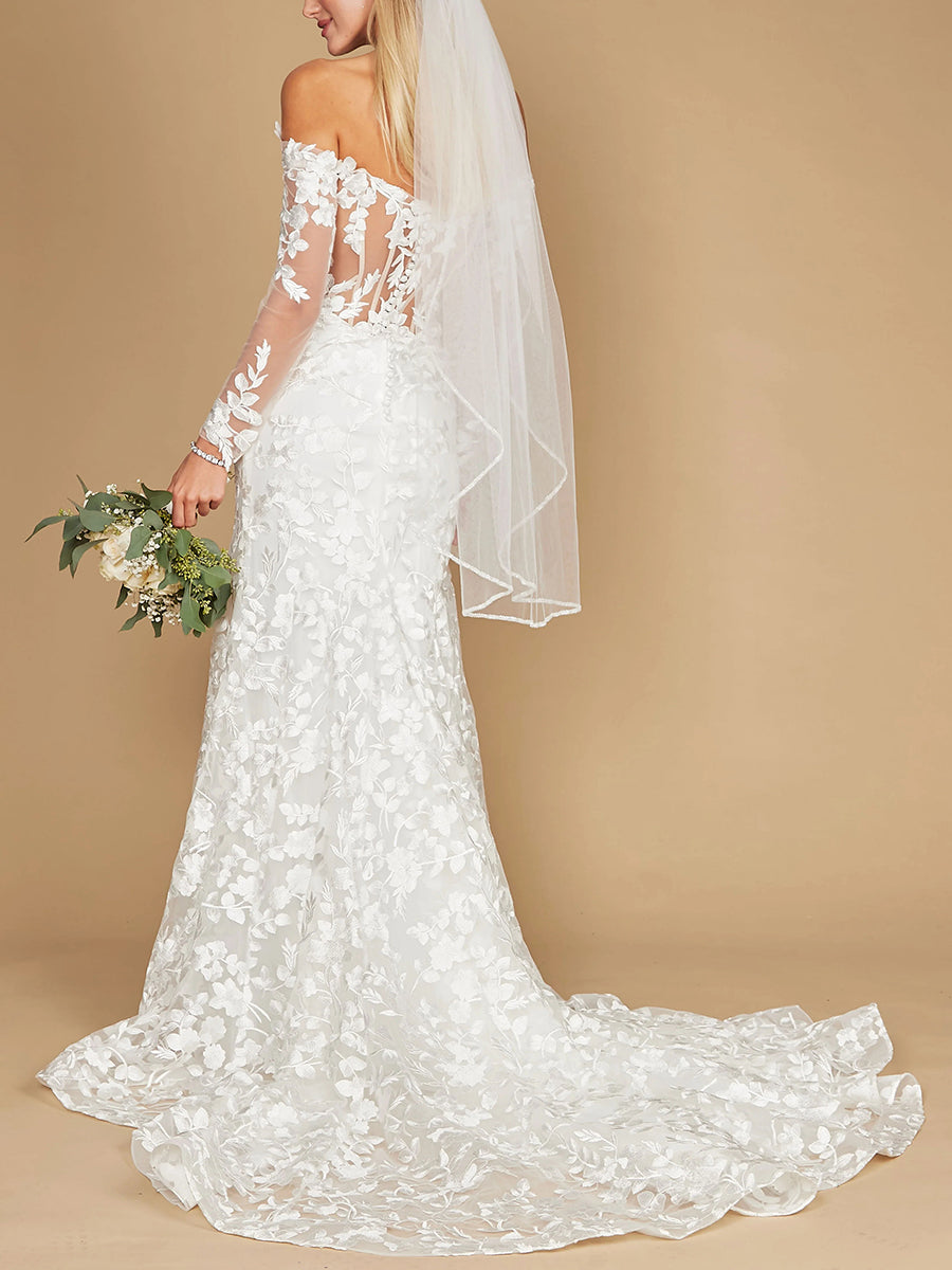 Off-Shoulder Long Sleeves Full Lace Mermaid Wedding Dress with Train
