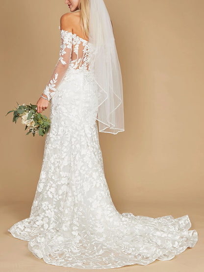 Off-Shoulder Long Sleeves Full Lace Mermaid Wedding Dress with Train
