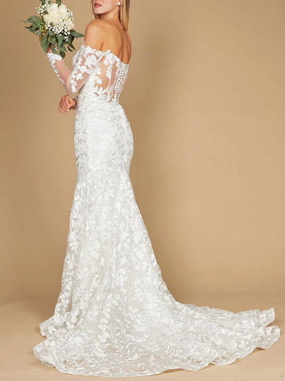 Off-Shoulder Long Sleeves Full Lace Mermaid Wedding Dress with Train