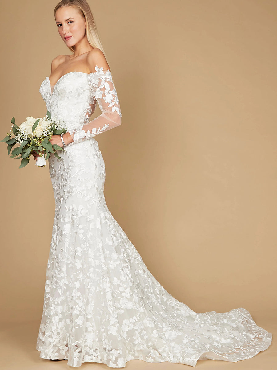 Off-Shoulder Long Sleeves Full Lace Mermaid Wedding Dress with Train