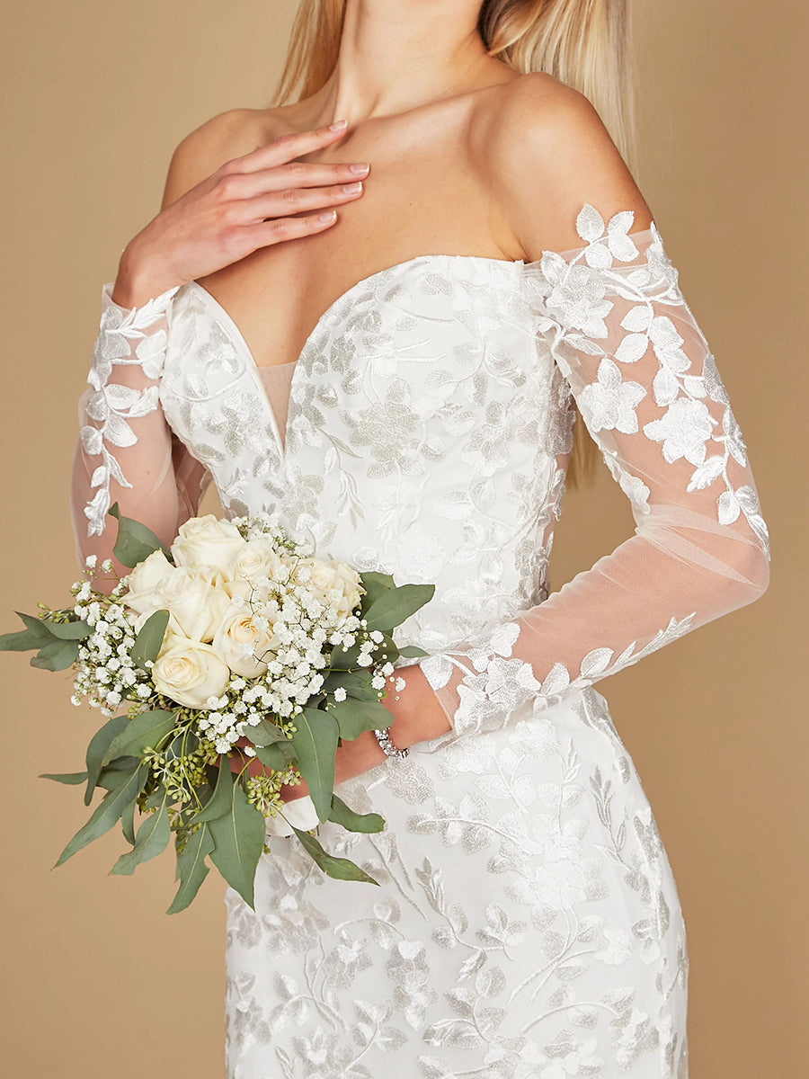 Off-Shoulder Long Sleeves Full Lace Mermaid Wedding Dress with Train