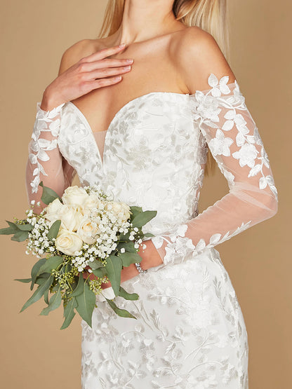 Off-Shoulder Long Sleeves Full Lace Mermaid Wedding Dress with Train