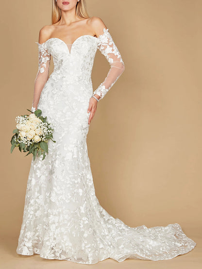 Off-Shoulder Long Sleeves Full Lace Mermaid Wedding Dress with Train