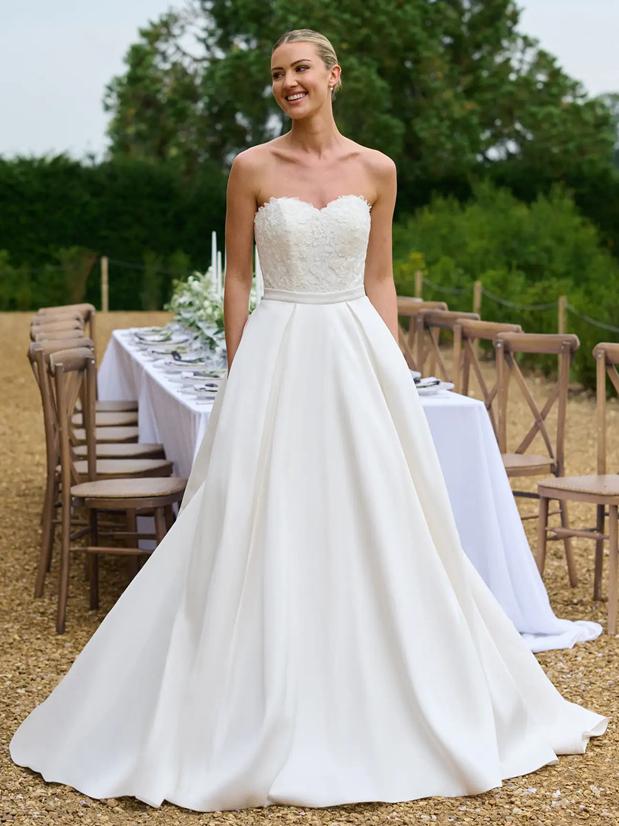 A-Line Sweetheart Lace Corset Silk Satin Wedding Dress With Train