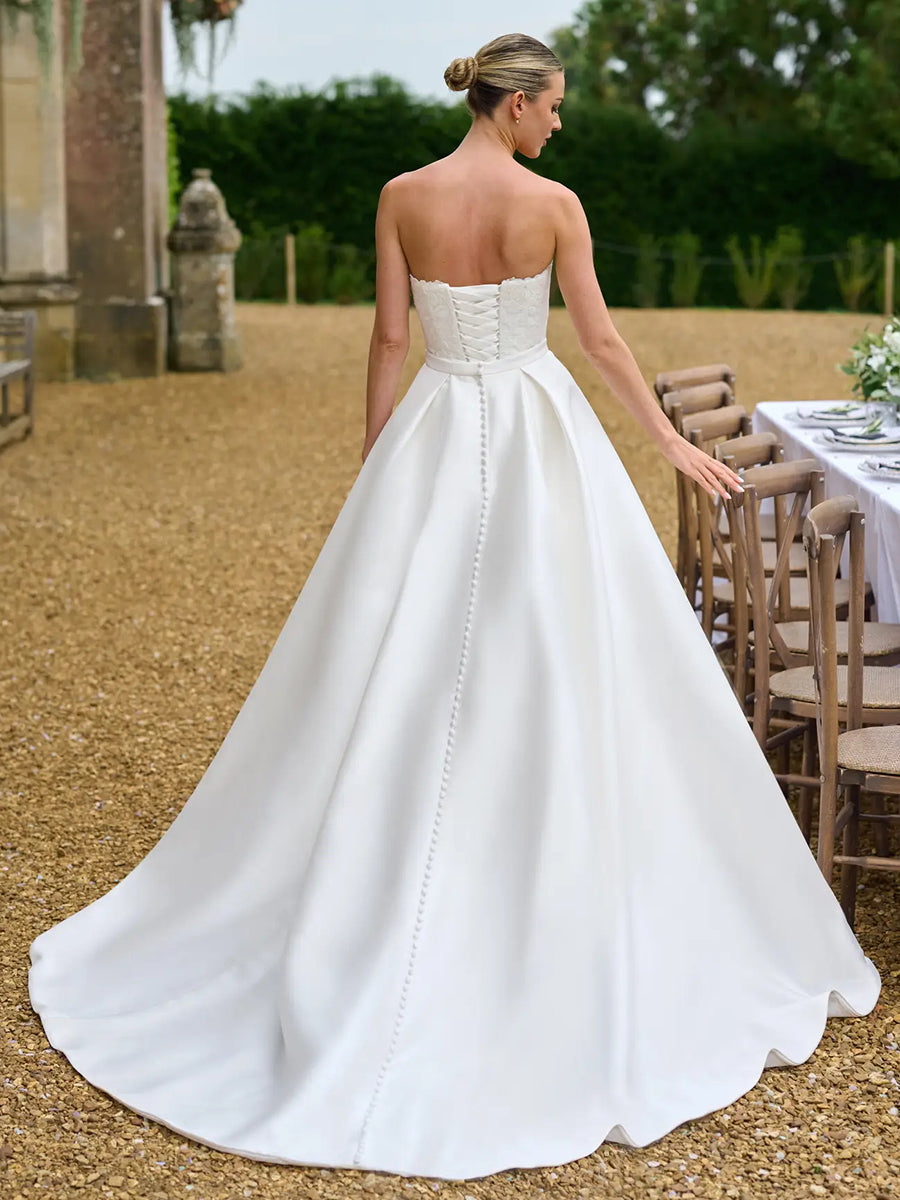 A-Line Sweetheart Lace Corset Silk Satin Wedding Dress With Train