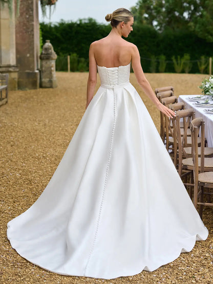 A-Line Sweetheart Lace Corset Silk Satin Wedding Dress With Train