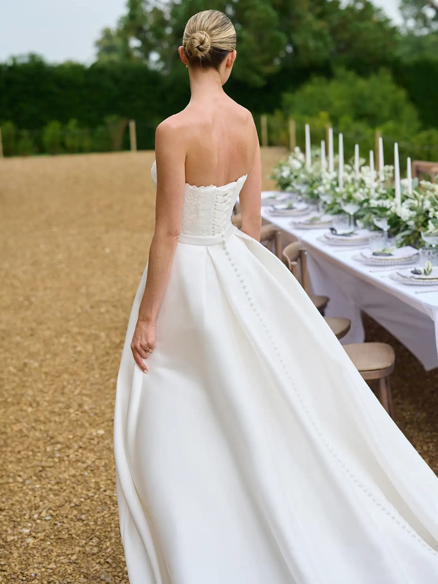 A-Line Sweetheart Lace Corset Silk Satin Wedding Dress With Train