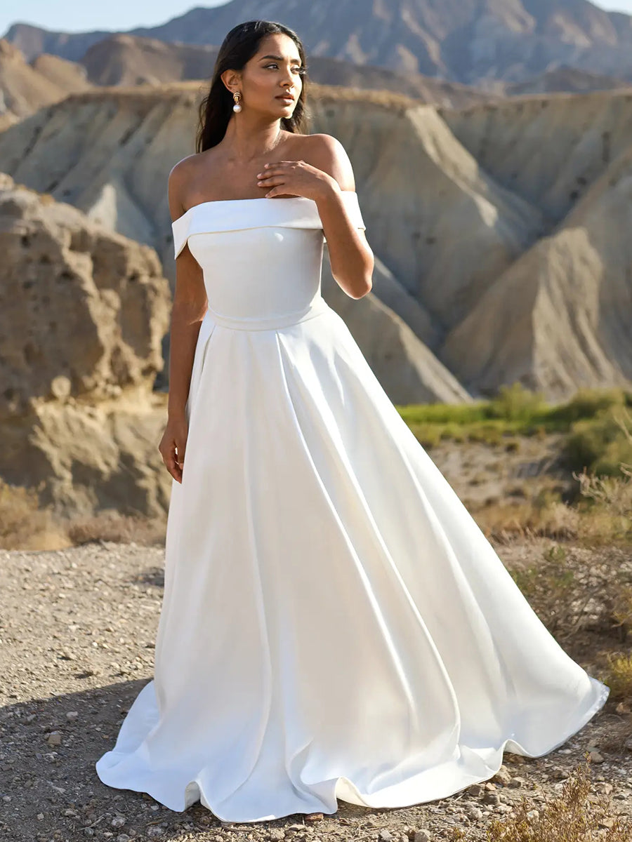 A-Line Off-Shoulder Corset Sleek Satin Wedding Dress with Train