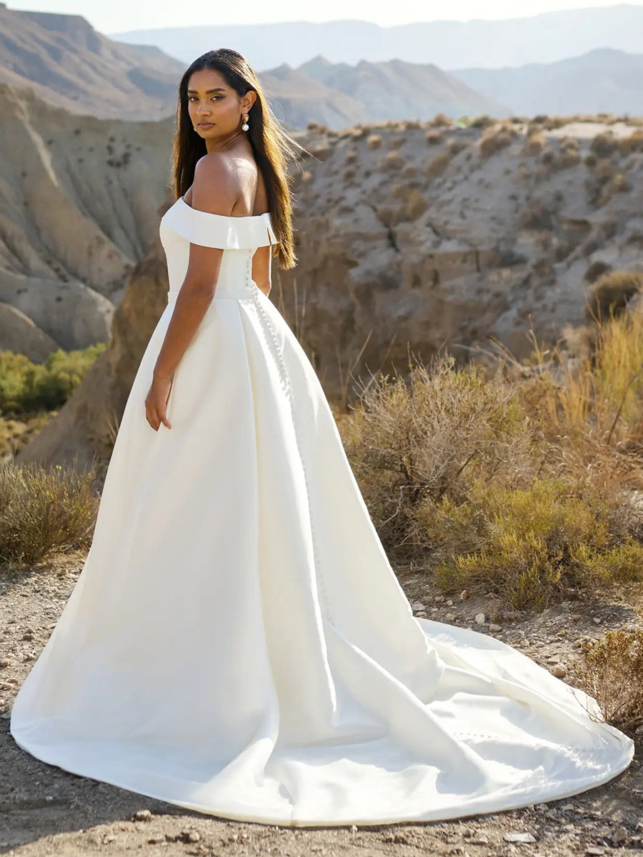 A-Line Off-Shoulder Corset Sleek Satin Wedding Dress with Train
