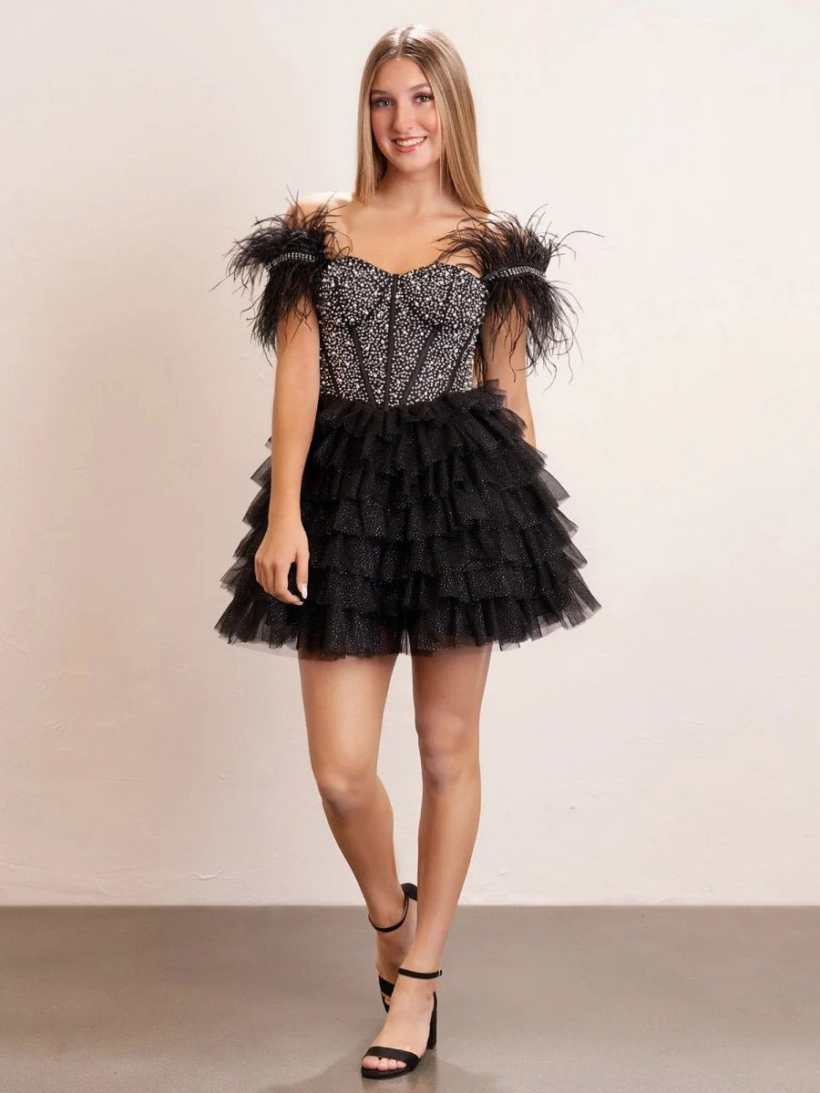 A-Line Off Shoulder Feathers Beaded Tiered Sequins Tulle Party Evening Homecoming Dress