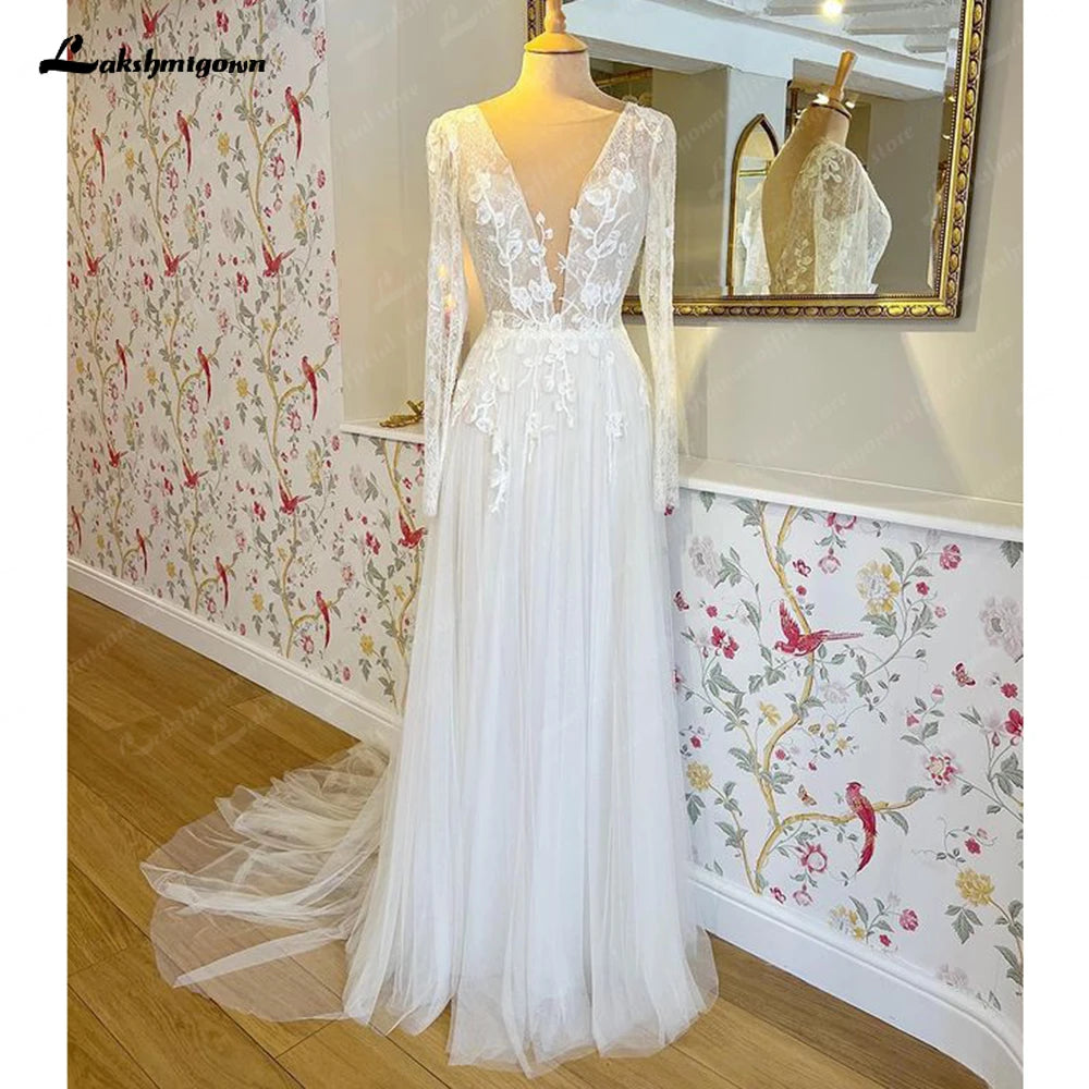 Elegant A Line Long Sleeves Wedding Dress Deep V Neck Lace Floral Appliqued Bridal Gown Wedding Gown Vestidos de Noiva