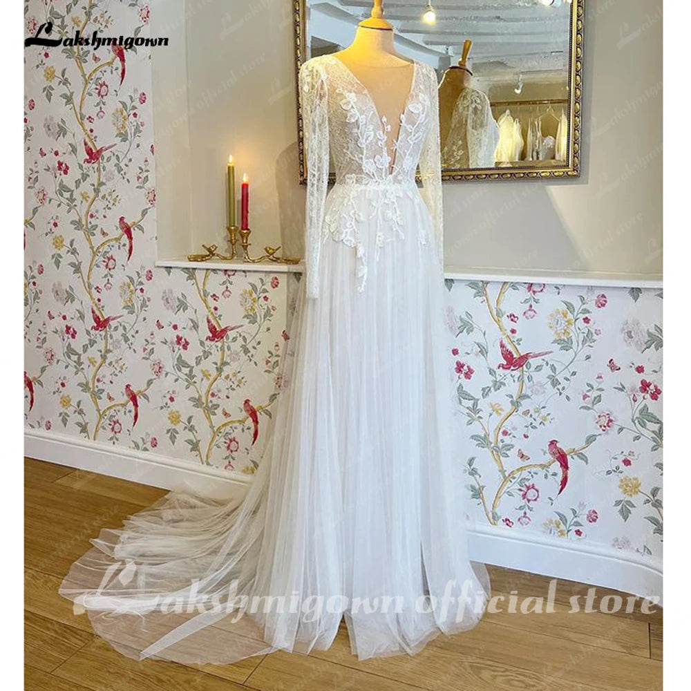 Elegant A Line Long Sleeves Wedding Dress Deep V Neck Lace Floral Appliqued Bridal Gown Wedding Gown Vestidos de Noiva
